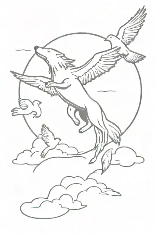 jesus, wolf, clouds, doves flying tattoo design idea