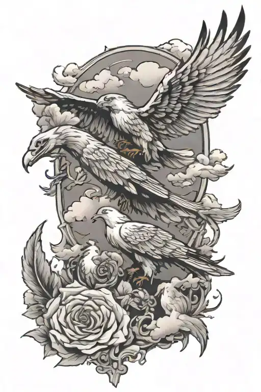cross, eagle, doves, wolf, clouds tattoo design idea