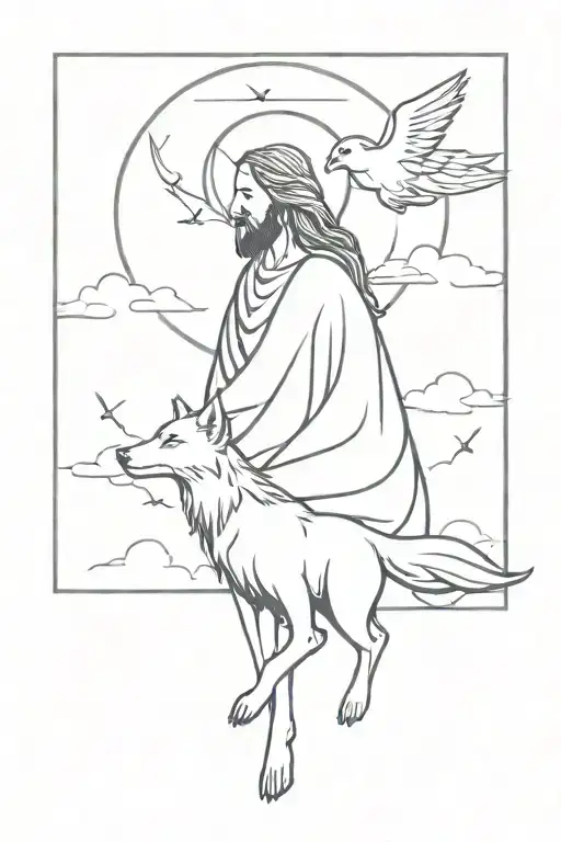 jesus, wolf, clouds, doves tattoo design idea