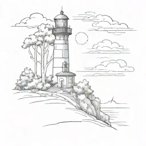 A sketch of a serene landscape with a lighthouse overlooking a forest of trees, capturing the essence of peace and tranquility in a supervisor's busy life tattoo design idea