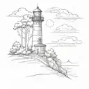 A sketch of a serene landscape with a lighthouse overlooking a forest of trees, capturing the essence of peace and tranquility in a supervisor's busy life tattoo design idea