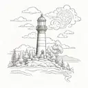 A sketch of a serene landscape with a lighthouse overlooking a forest of trees, capturing the essence of peace and tranquility in a supervisor's busy life tattoo design idea