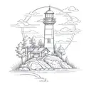 A sketch of a serene landscape with a lighthouse overlooking a forest of trees, capturing the essence of peace and tranquility in a supervisor's busy life tattoo design idea