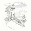 A sketch of a serene landscape with a lighthouse overlooking a forest of trees, capturing the essence of peace and tranquility in a supervisor's busy life tattoo design idea