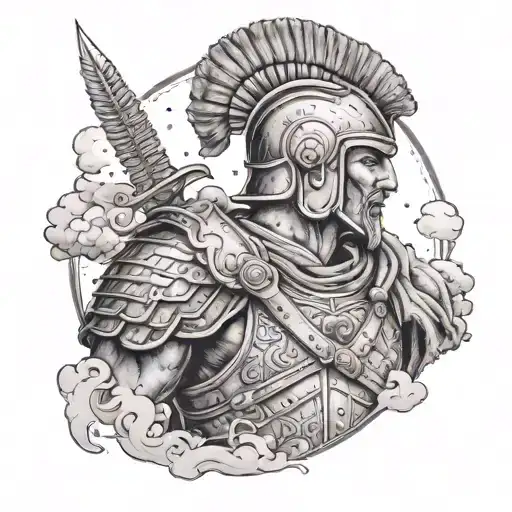 A detailed tattoo of a Roman soldier in full armor, with the Greek Pantheon depicted on clouds in the background, and a bison hair design on the soldier's neck tattoo design idea