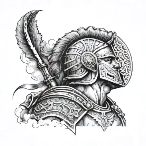 A creative tattoo idea of a Roman soldier with intricate armor, the soldier surrounded by the Greek Pantheon on clouds, and a bison hair design on the soldier's neck tattoo design idea