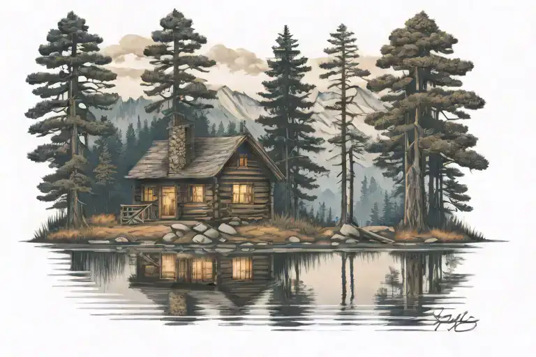 log cabin by lake with pine tree reflecting on water tattoo design idea