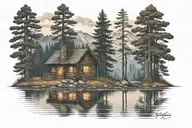 log cabin by lake with pine tree reflecting on water tattoo design idea