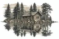 log cabin by lake with pine tree reflecting on water tattoo design idea