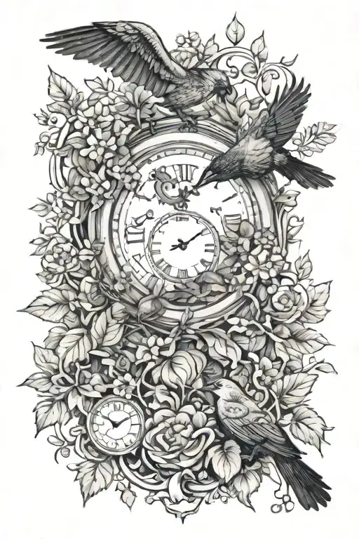 A clock surrounded by ivy and a jackdaw carrying it on the clock tattoo design idea