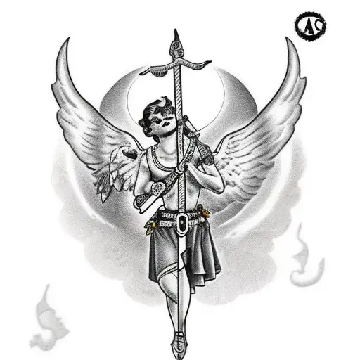 Cupido con una aguadaña y la muerte con el arco y flecha de cupido tattoo design idea
