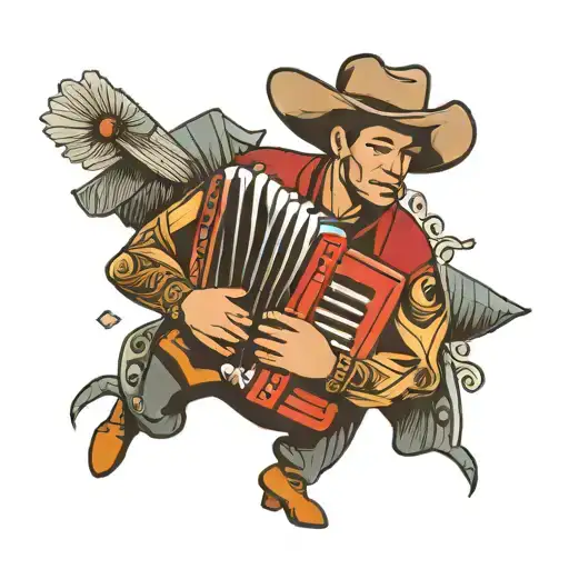 A sketch-style tattoo of a gaucho musician playing the accordion, surrounded by truco card symbols tattoo design idea