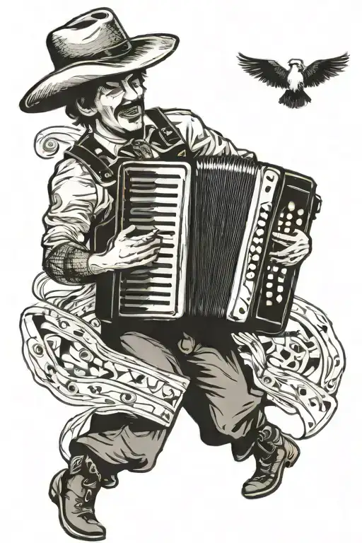 A sketch-style tattoo of a gaucho musician playing the accordion, surrounded by truco card symbols tattoo design idea
