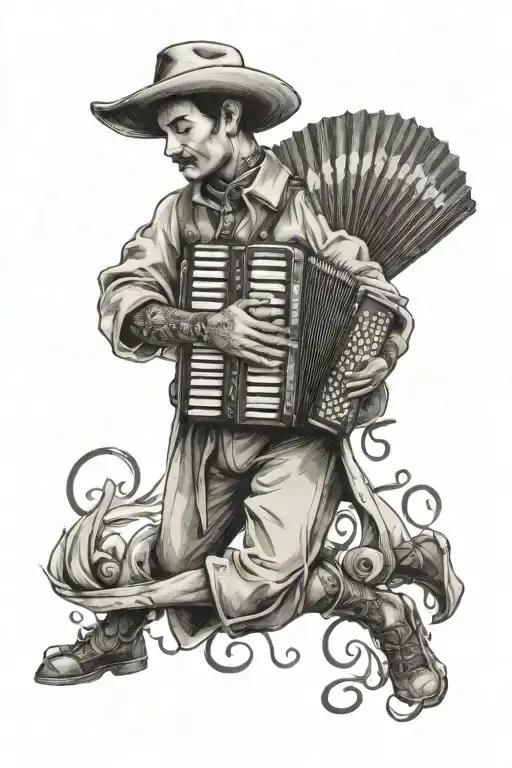 A sketch-style tattoo of a gaucho musician playing the accordion, surrounded by truco card symbols tattoo design idea