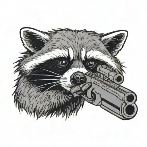 a raccoon holding a gun, depicted in full body. The design should not be overly detailed tattoo design idea
