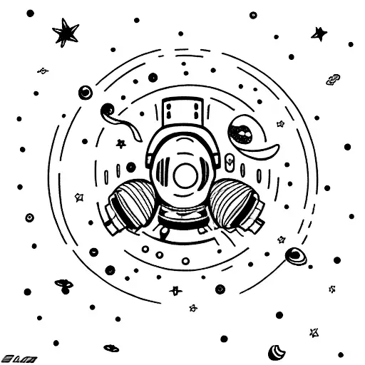 a tattoo design featuring a small, intricate astronaut floating in space, surrounded by vast galaxies, stars, and celest tattoo design idea