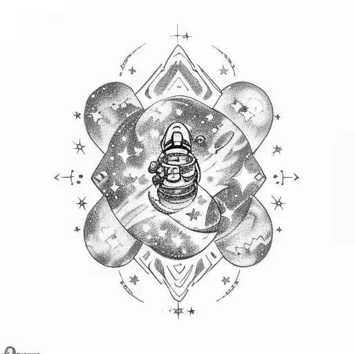 a tattoo design featuring a small, intricate astronaut floating in space, surrounded by vast galaxies, stars, and celest tattoo design idea