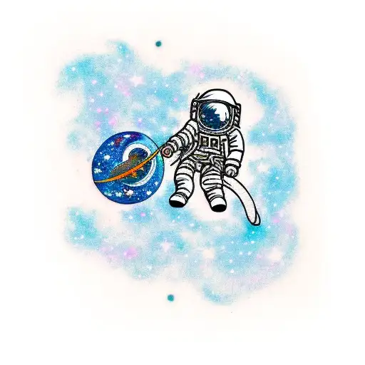 a tattoo design featuring a small, intricate astronaut floating in space, surrounded by vast galaxies, stars, and celest tattoo design idea