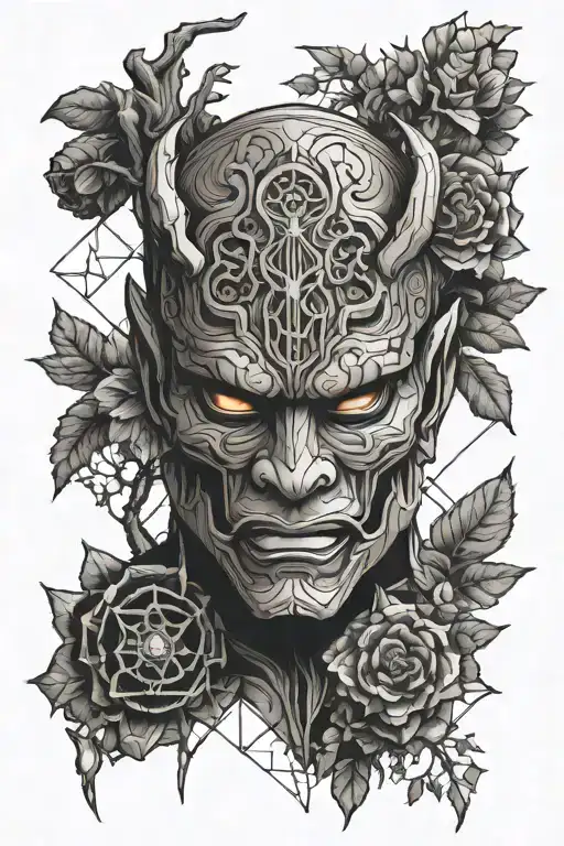 Oni mask, a tree, an hourglass and should have elements of astronomy tattoo design idea