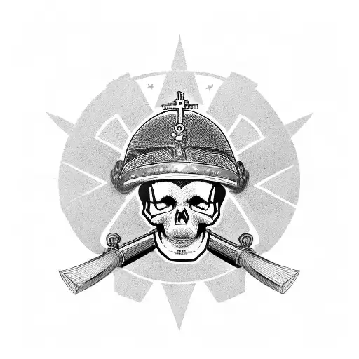 A skull wearing a military helmet, with religious symbols and communist motifs incorporated into the design tattoo design idea