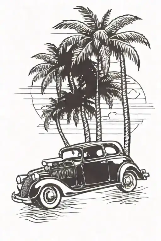 palm trees, lowrider car, sunset background tattoo design idea