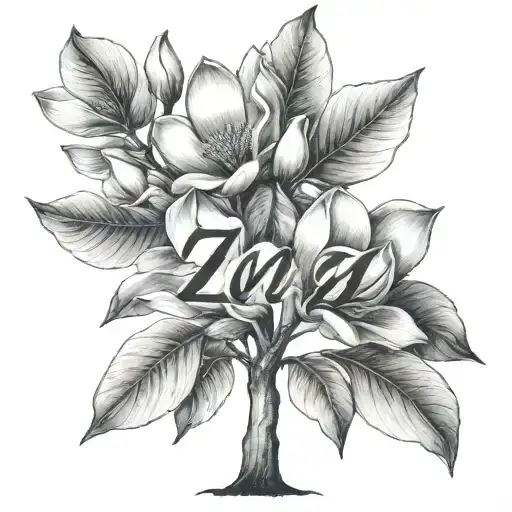 magnolia tree incorporating the letters "V" "L" "M" "Z" tattoo design idea