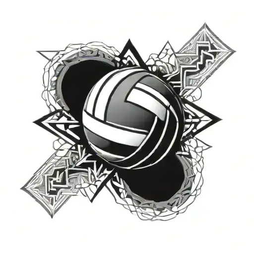 A volleyball with intricate geometric patterns and shapes surrounding it, symbolizing precision and strategy in volleyball tattoo design idea