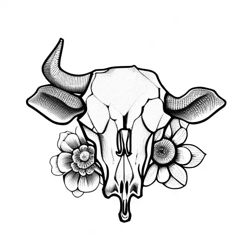 cow skull with flowers tattoo design idea