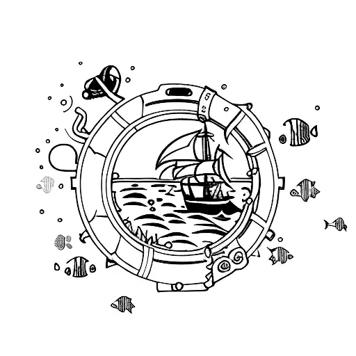A diver exploring a shipwreck surrounded by marine life tattoo design idea