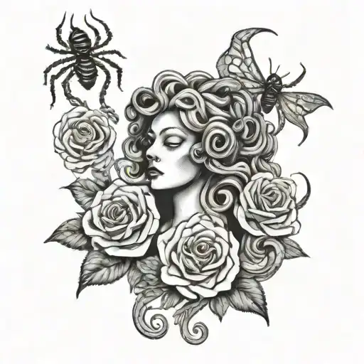 medusa with roses and spiders tattoo design idea