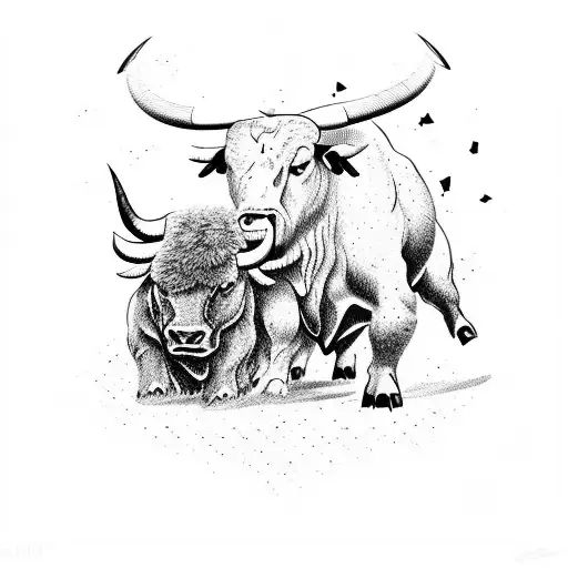 A bull and bear engaged in a fierce battle, symbolizing the ups and downs of the stock market tattoo design idea