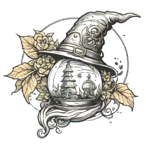 Craft a mystical tattoo concept featuring a wizard's hat atop a terrarium globe, housing a microcosm within. Delicately  tattoo design idea
