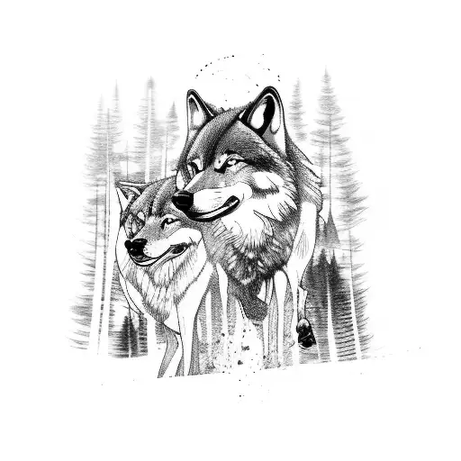 A wolf leading its pack through a dense forest tattoo design idea