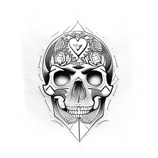 A dotwork tattoo featuring a Louis Vuitton pattern incorporated into a skull tattoo design idea