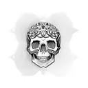 A dotwork tattoo featuring a Louis Vuitton pattern incorporated into a skull tattoo design idea