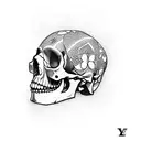 A dotwork tattoo featuring a Louis Vuitton pattern incorporated into a skull tattoo design idea
