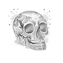 A dotwork tattoo featuring a Louis Vuitton pattern incorporated into a skull tattoo design idea