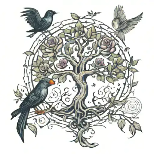 a tree of life, the stem is a woman with 3 children and some leaves as symbols, Harry Potter, cake, rose, bird tattoo design idea