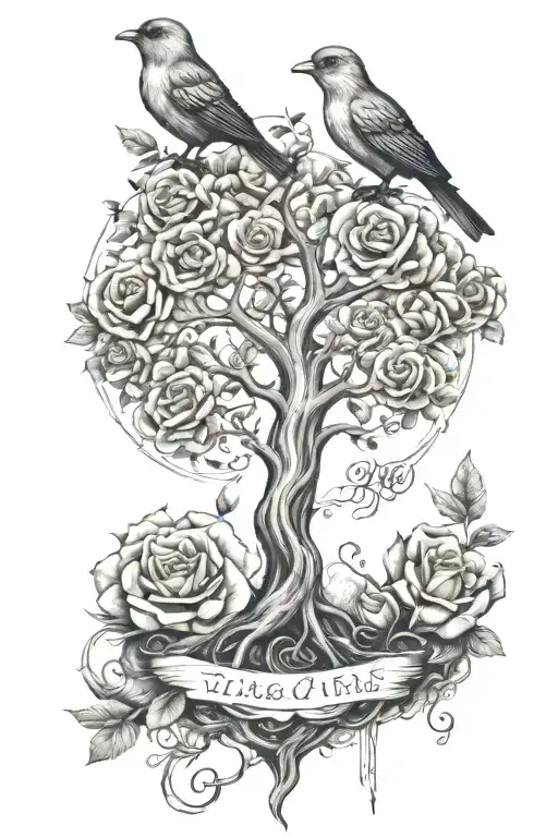 a tree of life, the stem is a woman with 3 children and some leaves as symbols, Harry Potter, cake, rose, bird tattoo design idea
