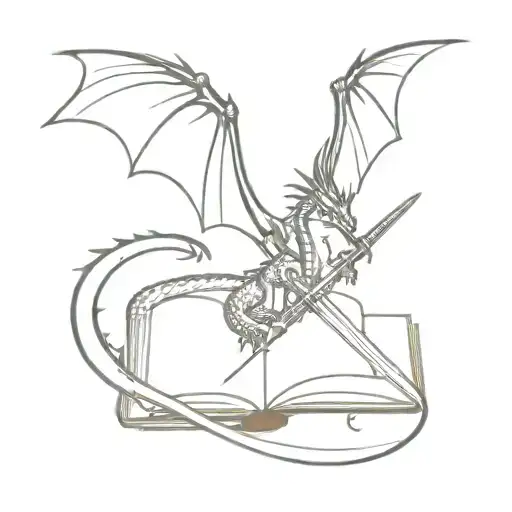 dragon around a sword that is pierced in an open book tattoo design idea