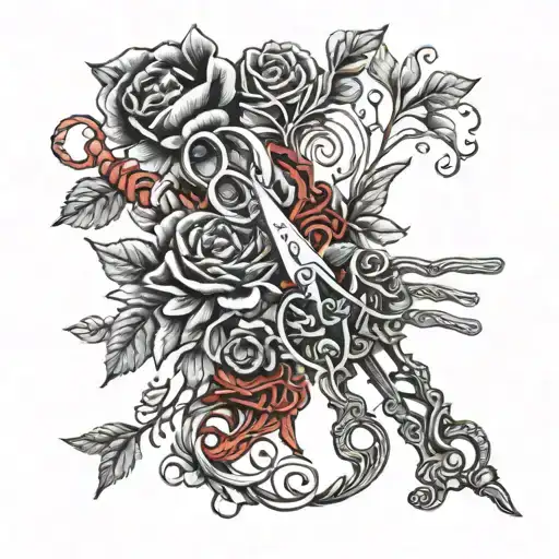 Vintage sewing scissors cutting a skein of red thread, with the handle rich in floral elements tattoo design idea