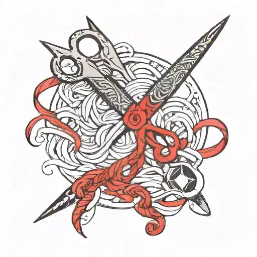 Sewing scissors cutting a skein of red thread tattoo design idea