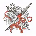 Sewing scissors cutting a skein of red thread tattoo design idea
