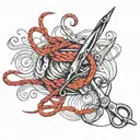 Sewing scissors cutting a skein of red thread tattoo design idea