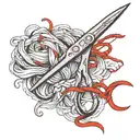 Sewing scissors cutting a skein of red thread tattoo design idea