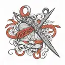 Sewing scissors cutting a skein of red thread tattoo design idea