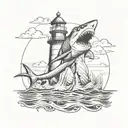 shark jaws with lighthouse inside tattoo design idea