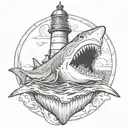 shark jaws with lighthouse inside tattoo design idea