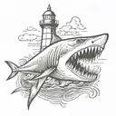 shark jaws with lighthouse inside tattoo design idea