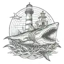 shark jaws with lighthouse inside tattoo design idea
